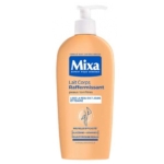 Un flacon pompe de 250 ml de la lotion pour le corps Mixa Lait Corps Apaisant Avoine Sans Parfum, destinée aux peaux sensibles, orné d’étiquettes bleues et blanches caractéristiques comportant un texte en français — notamment le logo bien visible « Mixa Lait Corps » — ainsi qu’une petite illustration représentant un schéma de la peau. Dakar