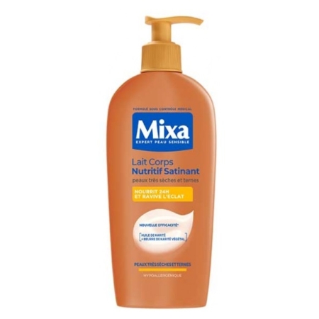 Un flacon de « Mixa Lait Corps Hydratant Raffermissant Peaux Tonifiées » de 250 ml, dont l'étiquette comporte un texte en français et des touches de bleu, de blanc et de jaune, est présenté aux côtés d'un flacon pompe orange contenant une lotion pour le corps destinée aux peaux très sèches. Ces deux produits sont spécialement formulés pour offrir un soin intensif et une hydratation optimale. Dakar
