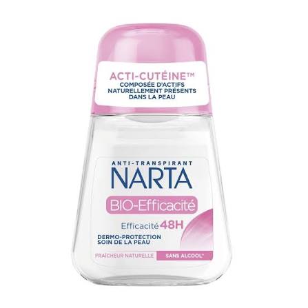 Un flacon de déodorant anti-transpirant Narta Bio-Efficacité muni d'un bouchon rose, sur lequel figurent des mentions indiquant une efficacité de 48 heures, une fraîcheur naturelle et une formule sans alcool. Dakar