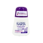 Un flacon de 50 ml de déodorant à bille Narta Anti-Transpirant Impeccable 48H, muni d'un bouchon violet et d'une étiquette blanche indiquant les informations sur le produit en français. Dakar