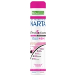 Un flacon de déodorant en spray Narta, offrant 5 protections, une efficacité de 48 heures et composé à 50 % d'aluminium recyclé. L'emballage est principalement blanc, avec des touches de rose et de bleu. Dakar