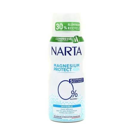 Un flacon de déodorant Narta Magnesium Protect 48H sans alcool. L'étiquette met en avant la composition à 30 % d'aluminium recyclé, les 5 ingrédients et une protection invisible. Le flacon est blanc, rehaussé de touches de bleu et de vert. Dakar