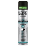 Un flacon de déodorant anti-transpirant Narta Homme en spray, offrant une protection 5 en 1, une efficacité de 48 heures et un emballage composé à 50 % d'aluminium recyclé. Le design est principalement argenté, rehaussé de touches de noir, de bleu et de vert. Dakar