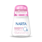 Un déodorant roll-on hypoallergénique Narta Magnesium Protect 48H, muni d'un bouchon rose, portant la mention « 0 % d'alcool et de sels d'aluminium » et comportant un texte violet et bleu sur fond blanc. Dakar