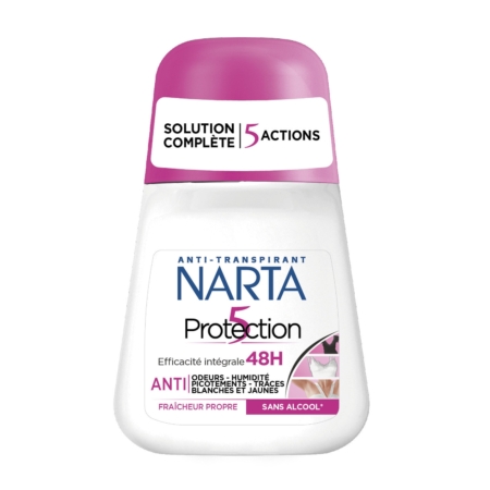 Un déodorant à bille Narta 5 Protection, doté d'un bouchon rose, qui promet une protection de 48 heures, une action anti-odeurs, anti-traces et sans alcool. Dakar