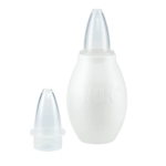 L'« Aspirateur nasal Nuk pour bébé – Mouche Bébé Manuel », un aspirateur nasal à poire blanche doté d'un embout translucide, est présenté aux côtés d'un embout interchangeable supplémentaire, sur un fond blanc uni. Dakar