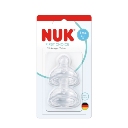 Les tétines en silicone Nuk First Choice+ taille M dès 3 mois, lot de 2, sont des tétines transparentes en silicone pour biberons, vendues par lot de deux pour les bébés à partir de 3 mois. L'emballage arbore le drapeau allemand, porte la mention « Anti-Colic » et met clairement en avant le nom du produit. Dakar