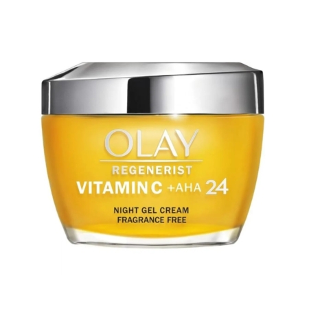 Un pot de « Olay Vitamin C + AHA24 Crème Gel de Nuit Éclat et Anti-Taches à la Vitamine C » de 50 ml, doté d'un couvercle argenté et d'un récipient jaune transparent, est présenté sur un fond blanc. Dakar
