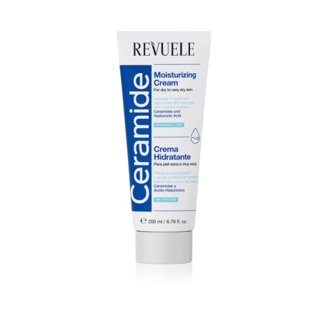 Un tube blanc de « Revuele Ceramide Crème Nourrissante Visage et Corps Peaux Sèches à très Sèches » de 200 ml, avec des inscriptions en bleu et noir et des informations sur les céramides et l'acide hyaluronique figurant sur l'étiquette avant. Dakar