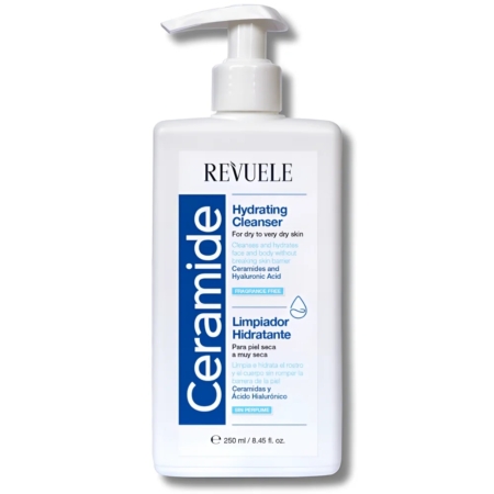 Un flacon pompe blanc de « Revuele Nettoyant Doux aux Céramides et Urée Visage et Corps » de 250 ml, doté d'une étiquette bleue et blanche rédigée en anglais et en espagnol, conçu pour les peaux sèches à très sèches et formulé à base de céramides et d'acide hyaluronique. Dakar