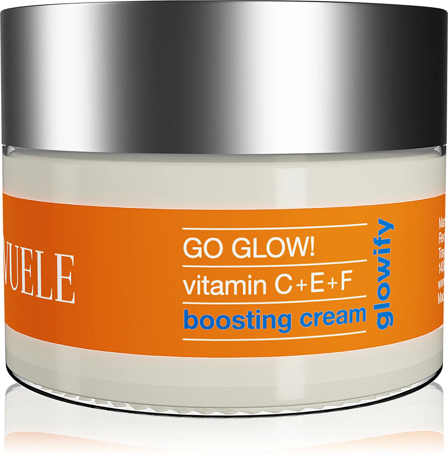 Un pot de 50 ml de « Revuele Crème Éclaircissante Visage Revitalisante et Illuminatrice Glowify Go Glow ! », avec une étiquette orange et bleue, un couvercle argenté et une crème blanche enrichie en vitamines C, E et F. Dakar