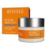 Un pot de 50 ml de « Revuele Crème Éclaircissante Visage Revitalisante et Illuminatrice Glowify Go Glow ! » est présenté devant son coffret orange vif ; tous deux comportent des informations sur ses bienfaits illuminateurs et revitalisants. Dakar