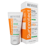 La crème matifiante Revuele Sunprotect Oil Control SPF50+ Anti-Brillance, en format de 50 ml, destinée aux peaux mixtes à grasses, se présente dans un emballage orange et blanc comportant des mentions en anglais et en espagnol, mettant en avant son action régulatrice de sébum et sa très haute protection contre les UV. Dakar