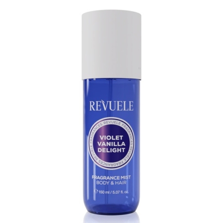 Un flacon bleu de brume parfumée Revuele Violet Vanilla Delight pour le corps et les cheveux, muni d'un bouchon blanc et d'une étiquette au texte blanc. Le flacon contient 150 ml (5,07 fl. oz.) de produit. Dakar