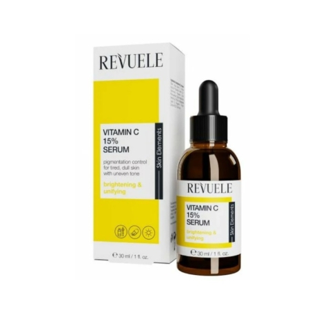 Un flacon de sérum Revuele à la vitamine C à 15 % « Sérum Illuminateur Teint Unifié » de 30 ml, muni d'un compte-gouttes, est posé à côté de son coffret blanc et jaune ; son étiquette vante ses bienfaits pour éclaircir et unifier les peaux ternes et irrégulières. Dakar