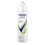 Un flacon blanc de déodorant en spray Rexona Protection Avancée 72H Biorythme pour femmes (150 ml), anti-transpirant, au parfum d'aloe vera, orné d'une coche verte, d'une illustration de feuille d'aloe vera et d'un bouchon bleu. Le texte met en avant une protection de 72 heures contre les odeurs et la transpiration. Dakar