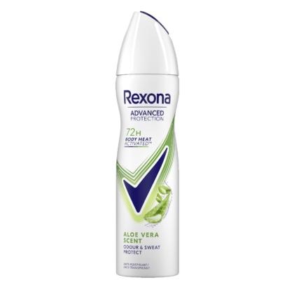 Un flacon blanc de déodorant en spray Rexona Protection Avancée 72H Biorythme pour femmes (150 ml), anti-transpirant, au parfum d'aloe vera, orné d'une coche verte, d'une illustration de feuille d'aloe vera et d'un bouchon bleu. Le texte met en avant une protection de 72 heures contre les odeurs et la transpiration. Dakar