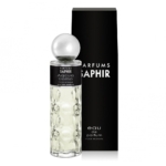 Un flacon d'eau de parfum « Acqua Uomo » de Parfums Saphir pour homme, au design en verre transparent texturé et doté d'un bouchon rond argenté, présenté devant son élégant coffret noir. Dakar