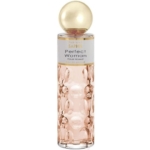 Un flacon de parfum en verre transparent et texturé, contenant un liquide rose pâle et muni d'un grand bouchon sphérique doré. L'étiquette porte l'inscription « Parfum Saphir Perfect Woman Pour Femme Eau de Parfum ». Dakar