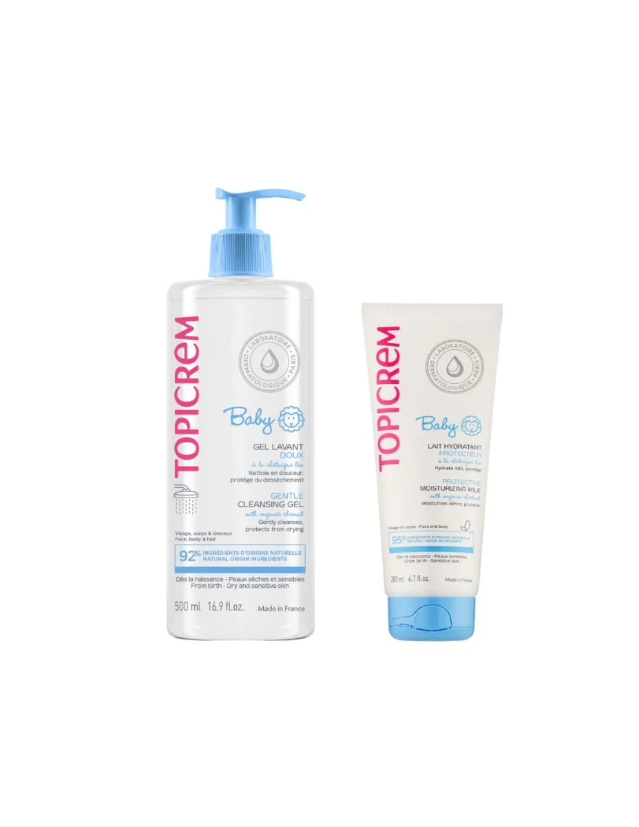 Topicrem Baby Mon Premier Coffret Soins Bébé Lait 200ml + Gel 500ml + Lange en Coton Offert – Image 2